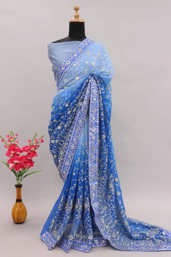 Party Wear Georgette Sky Blue Saree - Image 3