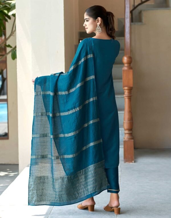 Teal Blue Embroidery Cotton Straight Kurta With Pant And Dupatta - Image 4