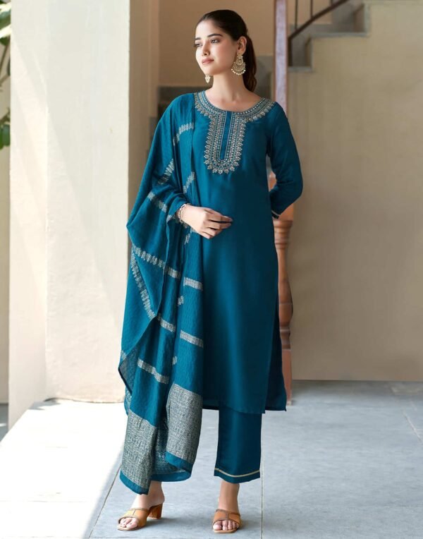 Teal Blue Embroidery Cotton Straight Kurta With Pant And Dupatta