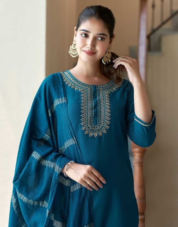 Teal Blue Embroidery Cotton Straight Kurta With Pant And Dupatta - Image 2