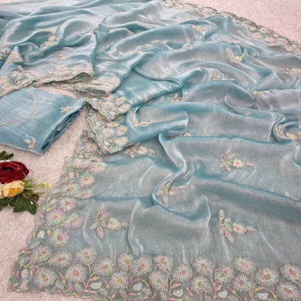 Sky Blue Sequins Embroidered Chiffon Saree