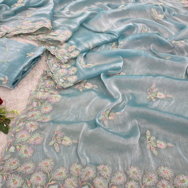 Sky Blue Sequins Embroidered Chiffon Saree - Image 4