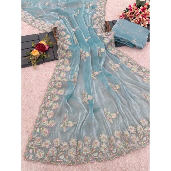 Sky Blue Sequins Embroidered Chiffon Saree - Image 3