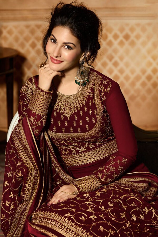 Resham Embroidered Georgette Burgundy Maroon Eid Anarkali Suit - Image 2