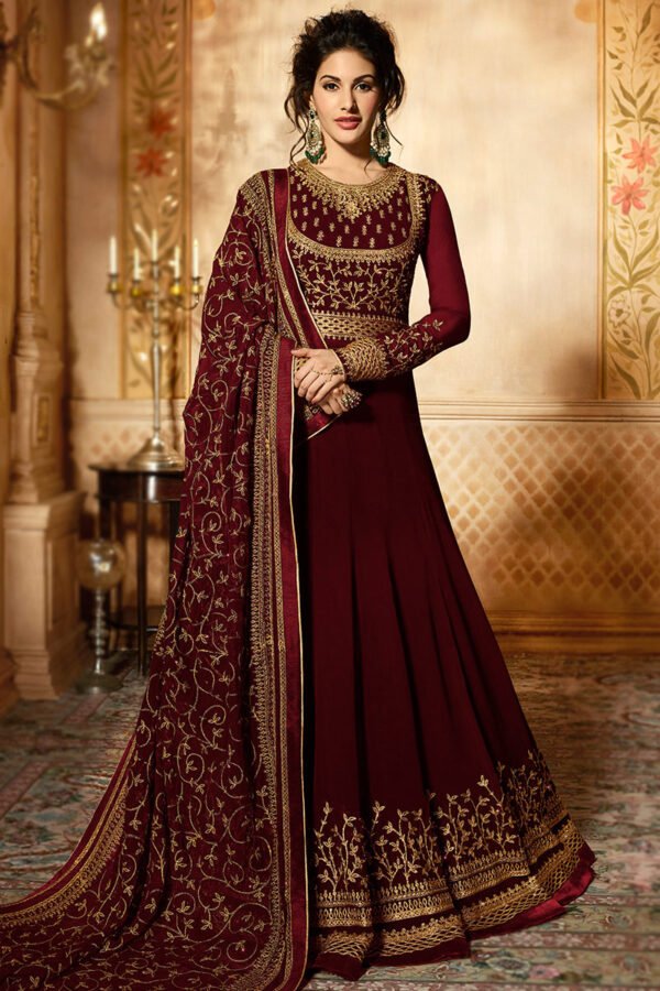 Resham Embroidered Georgette Burgundy Maroon Eid Anarkali Suit