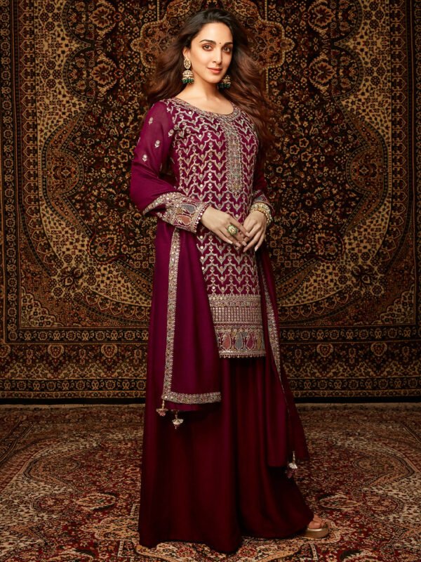 Wine Embroidered Silk Blend Straight Kurta With Palazzos & Dupatta