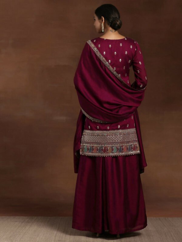 Wine Embroidered Silk Blend Straight Kurta With Palazzos & Dupatta - Image 4