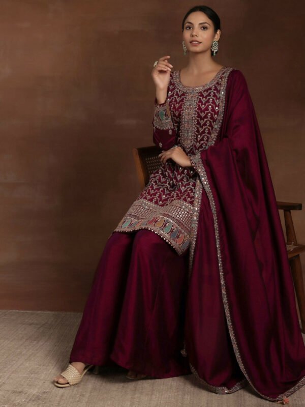 Wine Embroidered Silk Blend Straight Kurta With Palazzos & Dupatta - Image 3