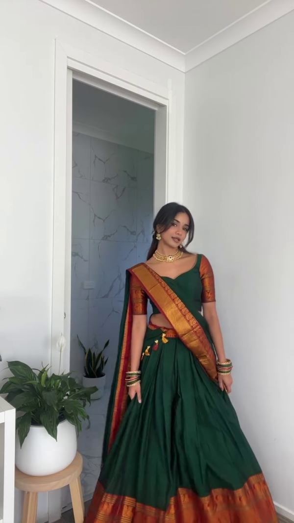 Kanjiveram Silk Zari Lehanga With Blouse Along With Banarashi Silk Duppta (GREEN) Unstitched - Image 2