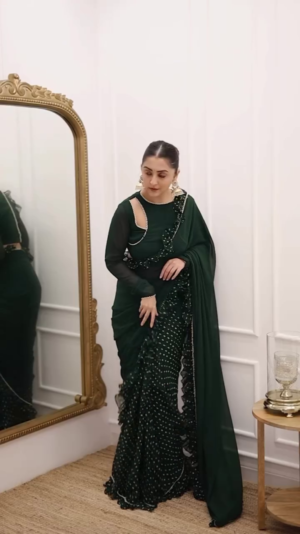 Ready to Wear Lycra Blend Green Ruffle Saree with blouse