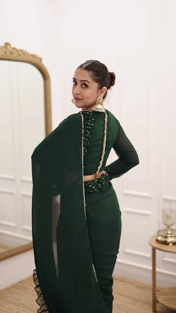 Ready to Wear Lycra Blend Green Ruffle Saree with blouse - Image 3