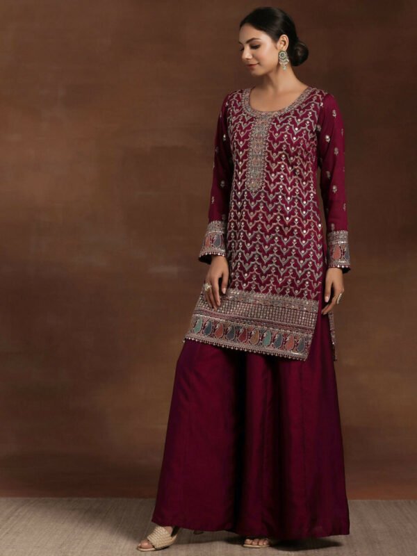 Wine Embroidered Silk Blend Straight Kurta With Palazzos & Dupatta - Image 2