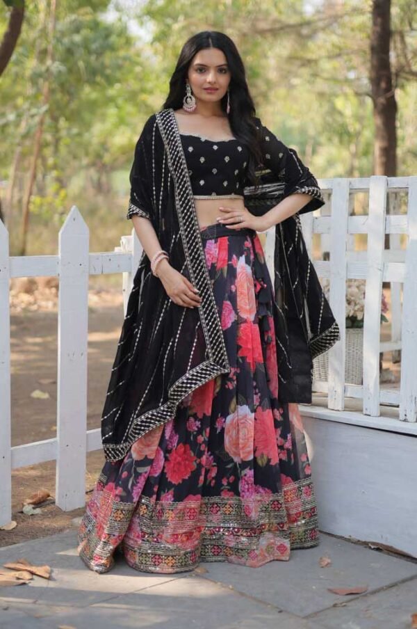 Black Sequins Lehenga Choli Flower Printed