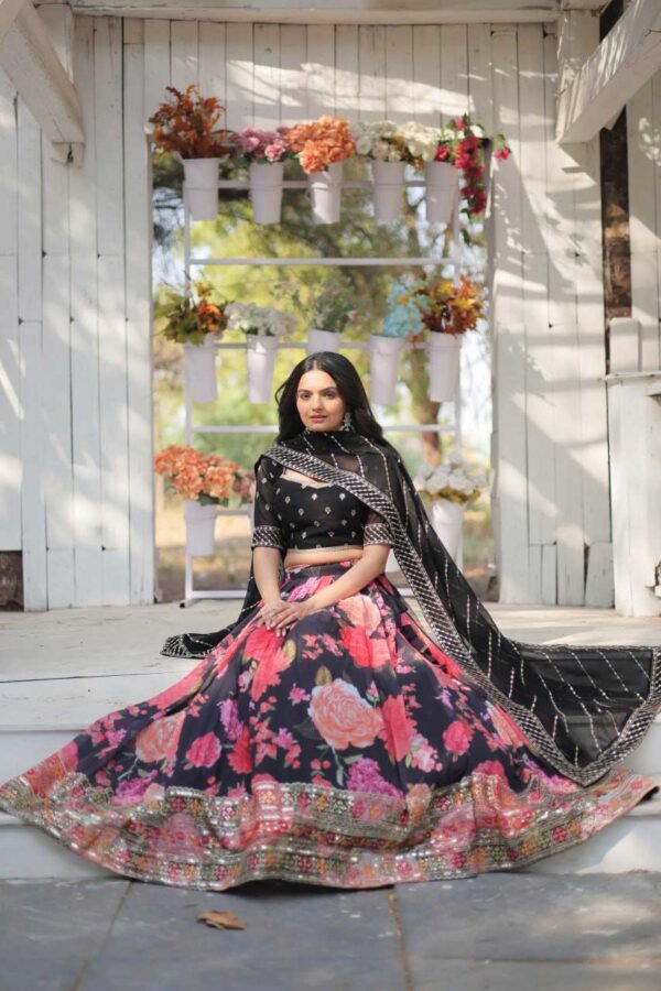 Black Sequins Lehenga Choli Flower Printed - Image 3