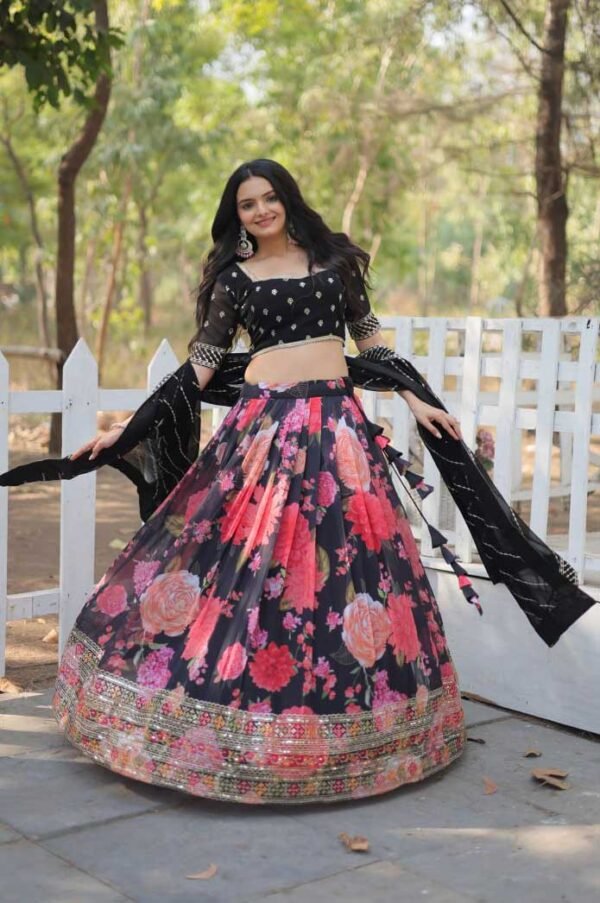 Black Sequins Lehenga Choli Flower Printed - Image 2