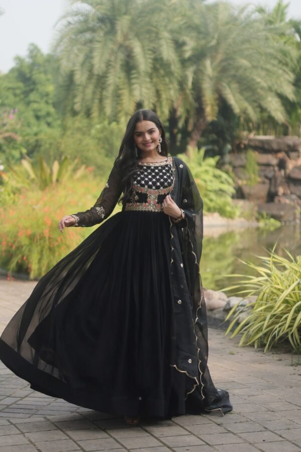 Black gown for women – embroidered in Faux blooming and russian silk - Image 4