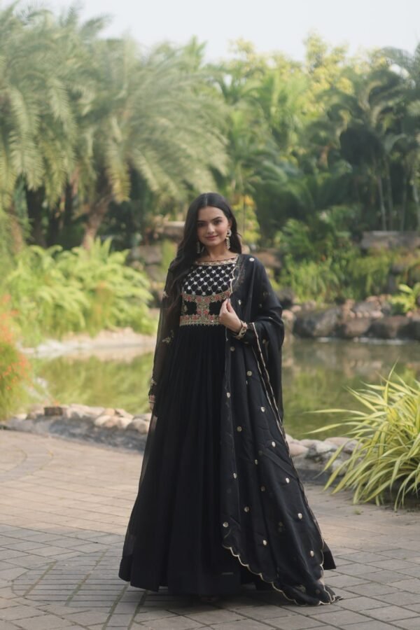 Black gown for women – embroidered in Faux blooming and russian silk - Image 2