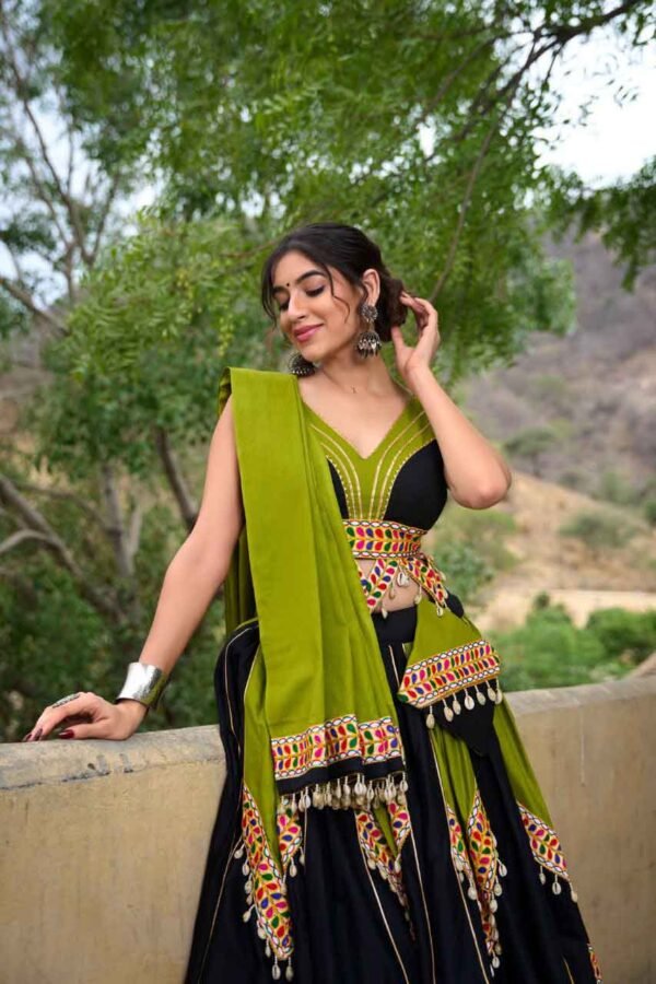 Gamthi work Lehenga Choli for Navratri in Parrot Green and Black color - Image 2