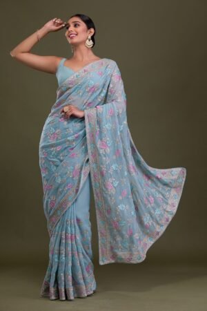 Sky Blue Zariwork Georgette Saree