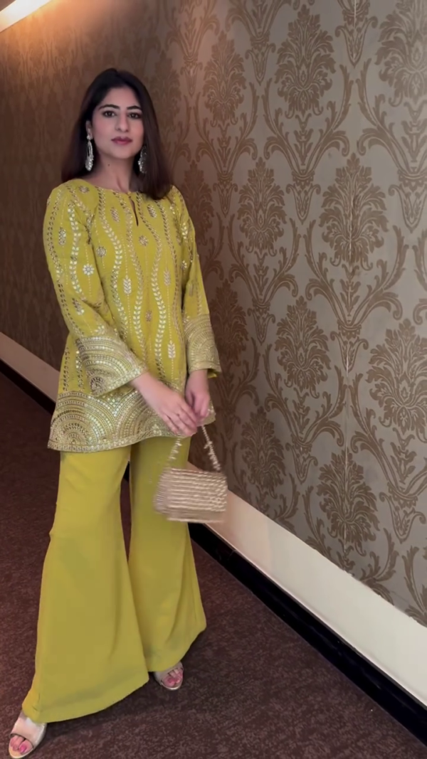 Yellow Crushed Silk Hand Embroidered Tunic Set