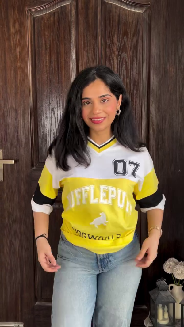 Yellow Oversized Typography Printed V-Neck Cotton T-shirt