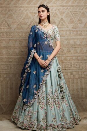 Green Silk, Organza Embroidery, Tassels Round Neck Ikigai Bridal Lehenga Set