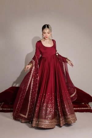 PRISTINO Premium Prue Romansilk Chanderi Cotton Kurta With Embridery Dupatta Set For Women Maroon/Red color