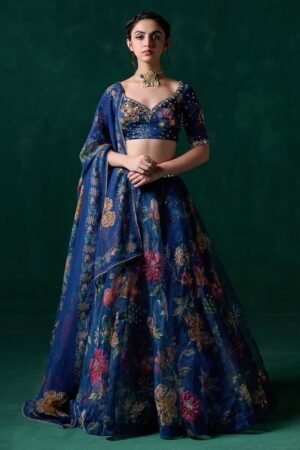 Embroidered, Printed Semi Stitched Lehenga Choli  (Blue)