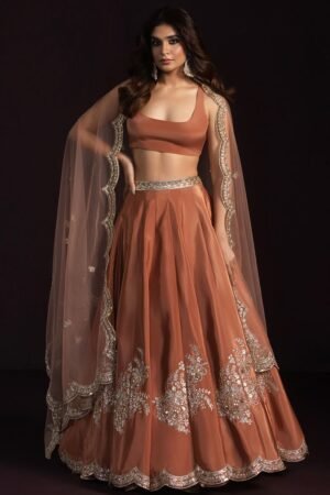 Burnt Orange Silk Lehenga with Zari & Upcycled Sequins