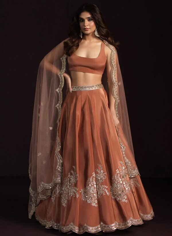 Burnt Orange Silk Lehenga with Zari & Upcycled Sequins