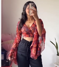 Floral Flared Sleeve Crop Top