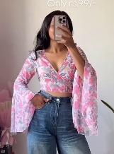 Pink Floral Wrap Crop Top with Flared Sleeves