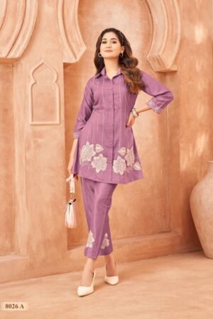 Embroidered Shirt Collar Chinon Co-Ords Set with Bold Floral Patchwork