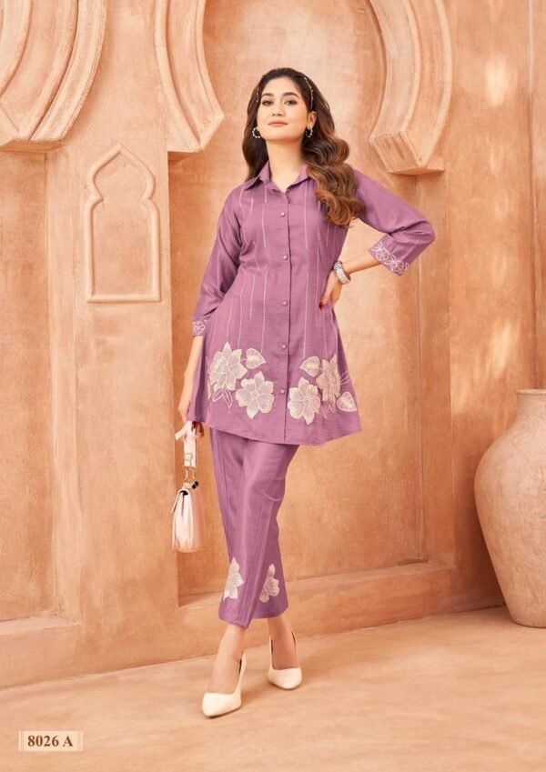 Embroidered Shirt Collar Chinon Co-Ords Set with Bold Floral Patchwork