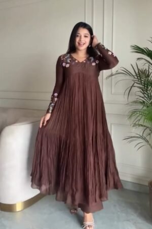 Mocha Bloom: Crinkle Georgette Flared Anarkali Dress