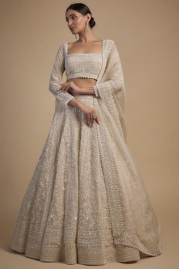Brown beige Lehenga Choli With Lucknowi Work In Geometric And Floral Pattern