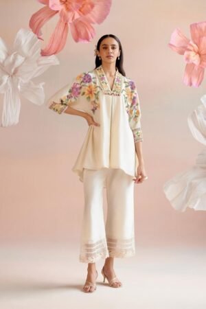 Ivory Chanderi Embroidery Floral V-neck High Low Tunic With Pant