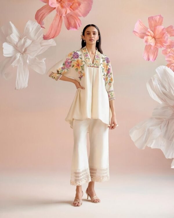 Ivory Chanderi Embroidery Floral V-neck High Low Tunic With Pant