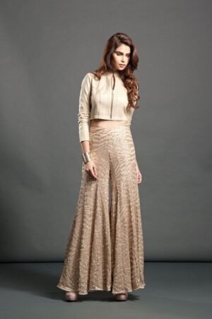 Ivory Organza Flared Pants With Beads And Sequin Embellished Peplum