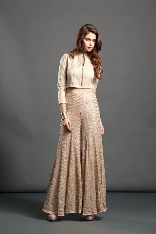 Ivory Organza Flared Pants With Beads And Sequin Embellished Peplum