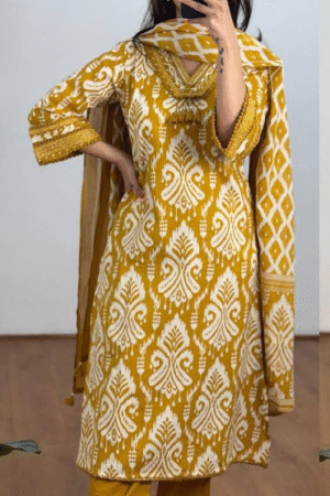 Mustard Yellow Ikat Printed Kurta Set