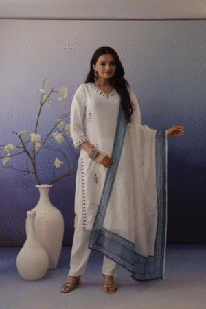 White & Blue Printed Cotton Kurta Set with Dupatta