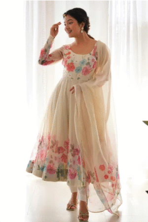 White Floral Printed Anarkali Suit