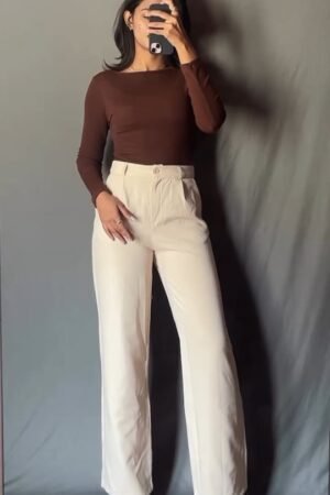Chocolate Brown Fitted Top with High-Waist Cream Trousers