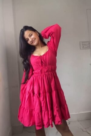 Hot Pink Tiered Short Dress with Full Sleeves