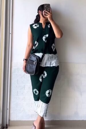 Green and White Sleeveless Co-Ord Set with Abstract Prints