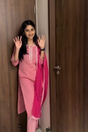 Pink Cotton Kurta Set with Striped Pants & Dupatta