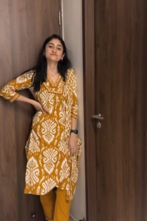 Mustard Yellow Ikat Printed Kurta Set
