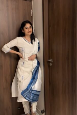 White & Blue Printed Cotton Kurta Set with Dupatta