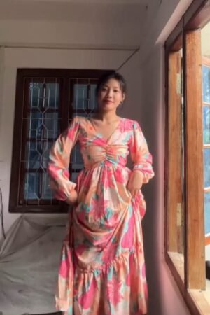 Peach Floral Maxi Dress with Puffy Sleeves